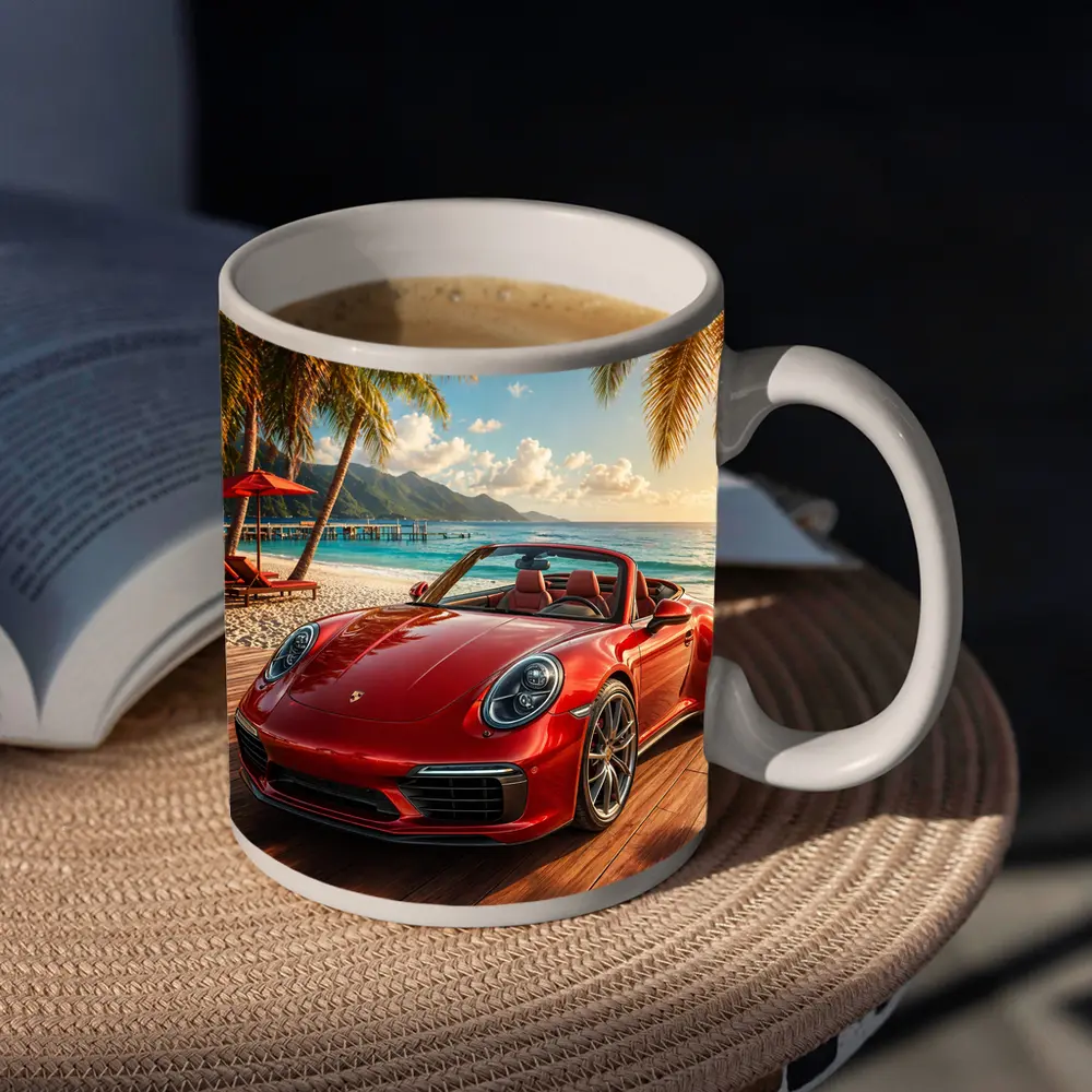 Red Porsche 911 Convertible Tropical Beach Setting – Mugs