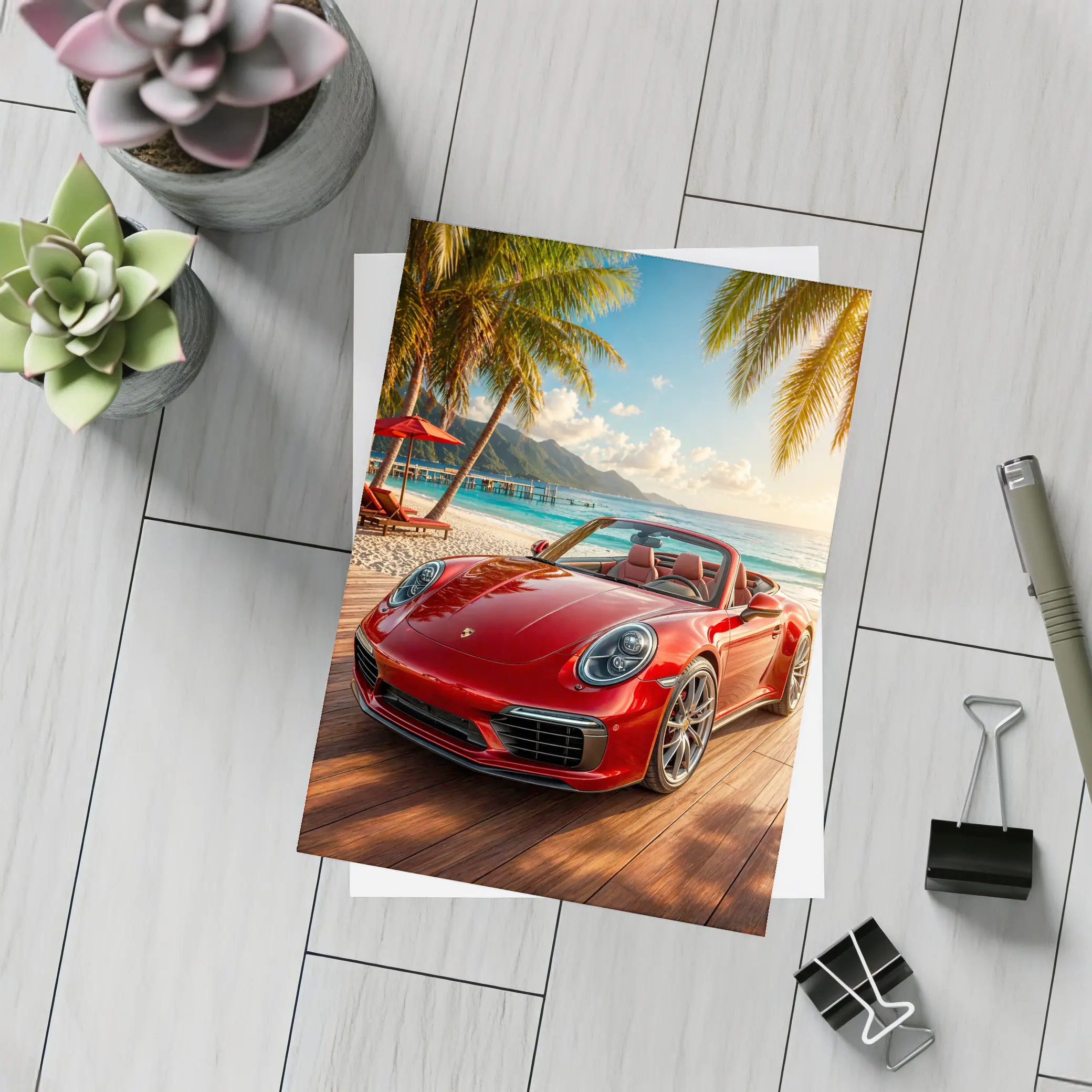 Red Porsche 911 Convertible Tropical Beach Setting – Postcards