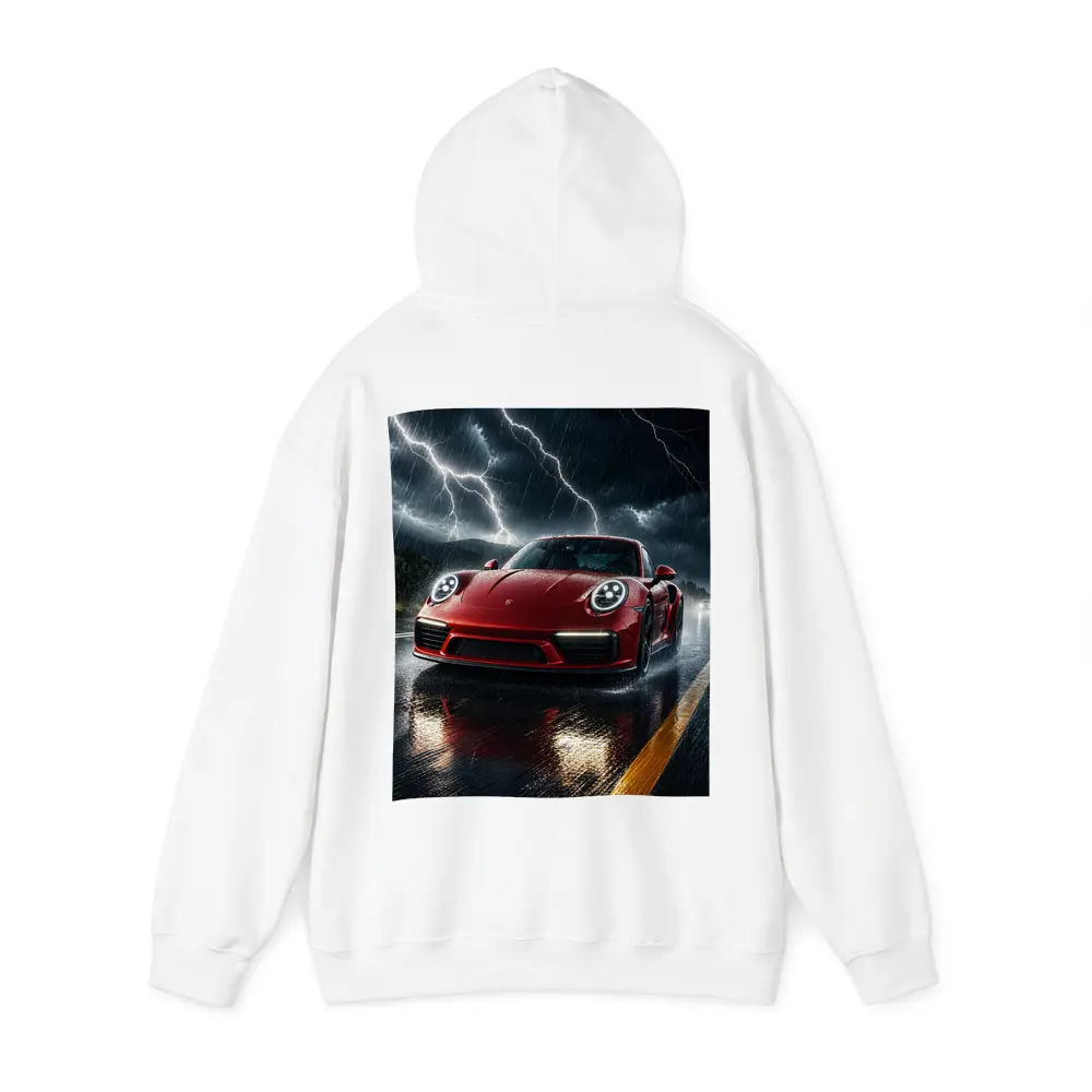 Red Porsche 911 Racing Through Lightning Storm – Hoodies
