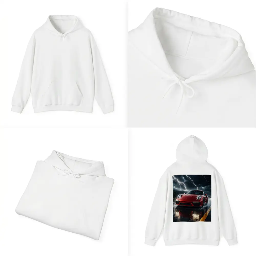 Red Porsche 911 Racing Through Lightning Storm – Hoodies