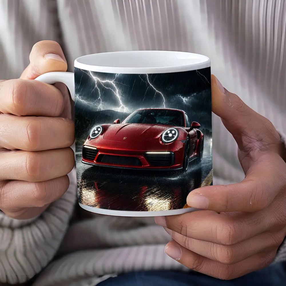 Red Porsche 911 Racing Through Lightning Storm – Mugs