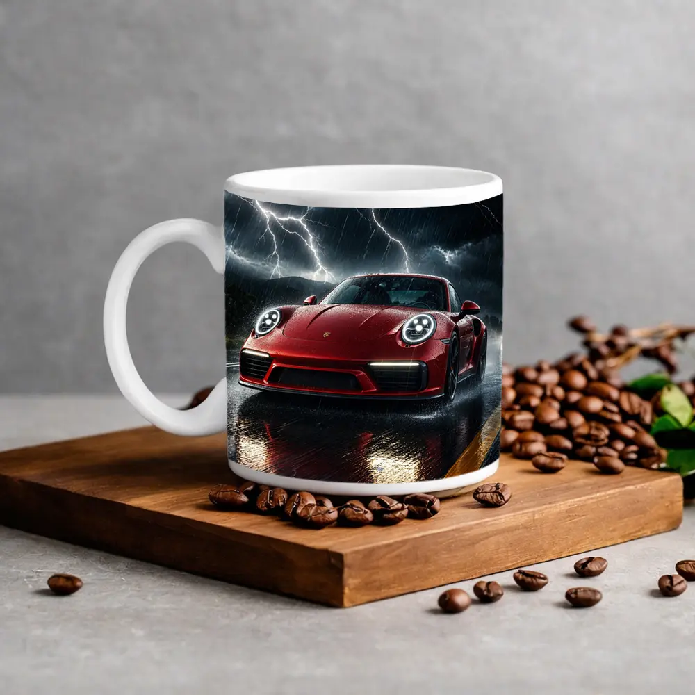 Red Porsche 911 Racing Through Lightning Storm – Mugs