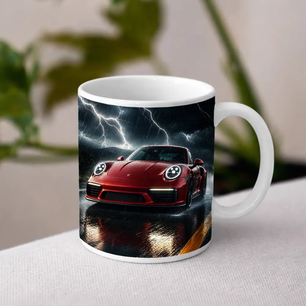 Red Porsche 911 Racing Through Lightning Storm – Mugs