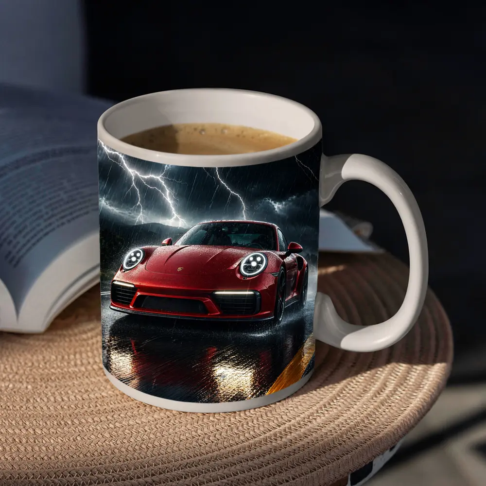 Red Porsche 911 Racing Through Lightning Storm – Mugs