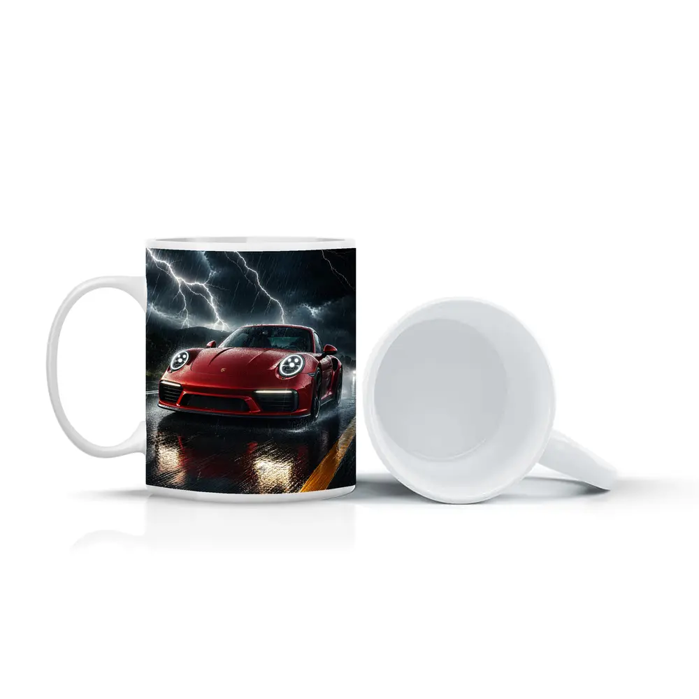 Red Porsche 911 Racing Through Lightning Storm – Mugs