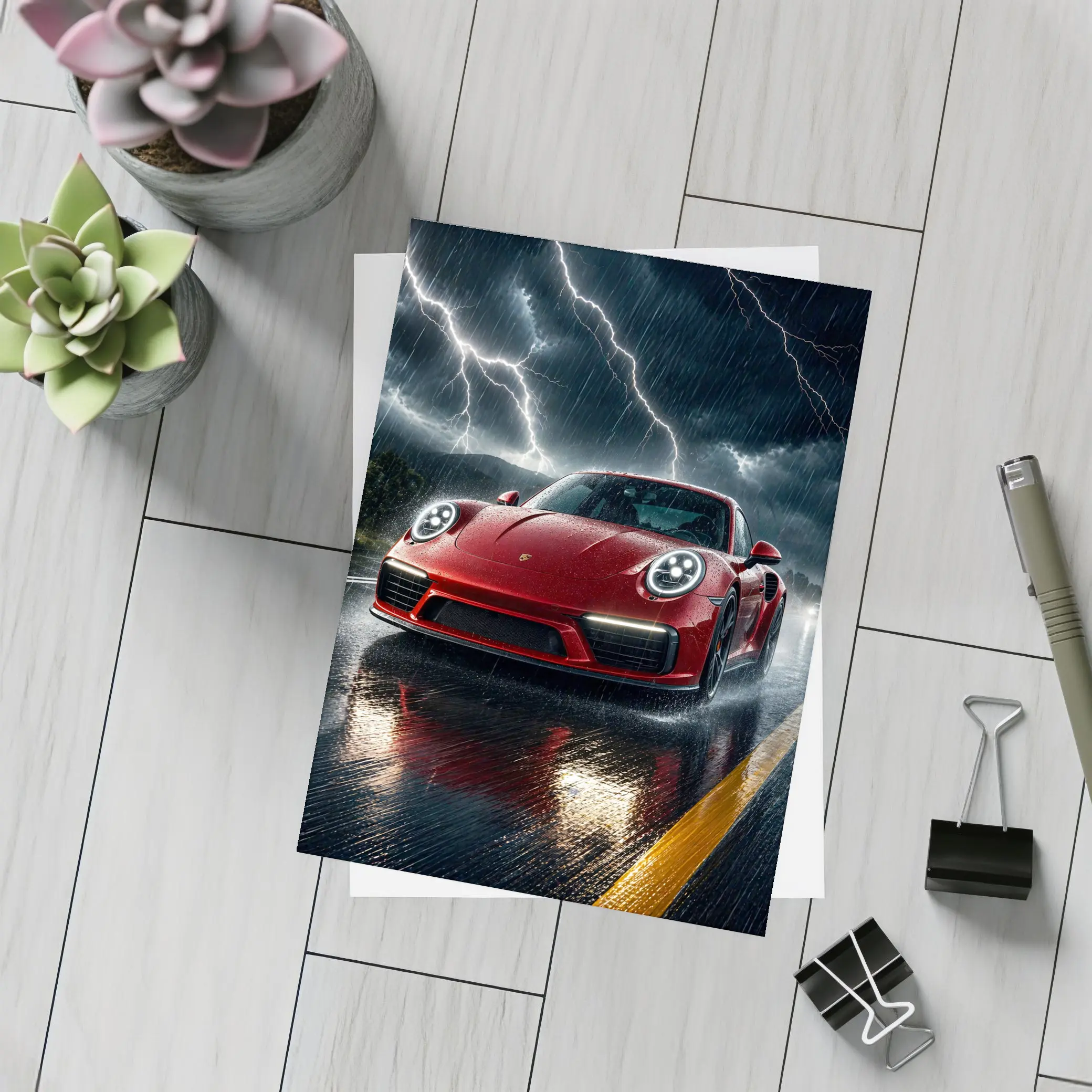 Red Porsche 911 Racing Through Lightning Storm – Postcards