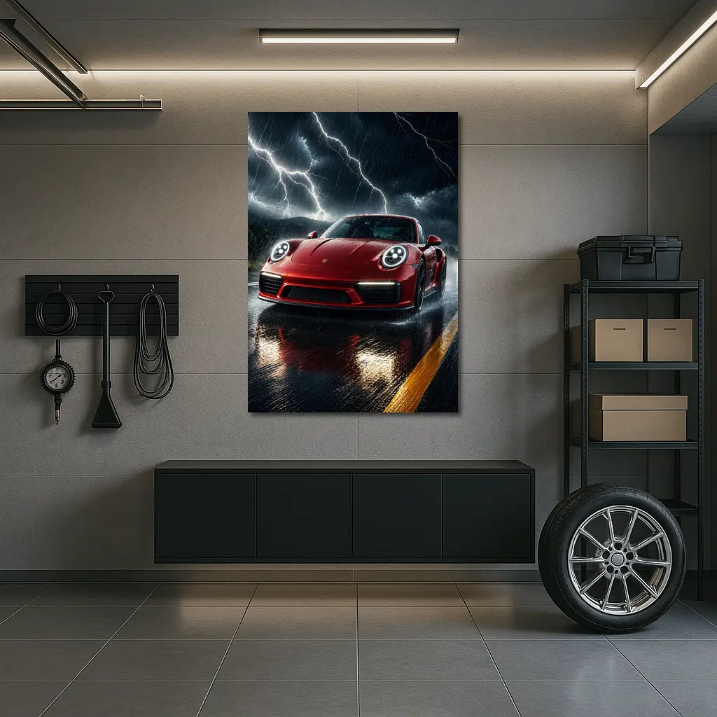 Red Porsche 911 Racing Through Lightning Storm – Wall Art