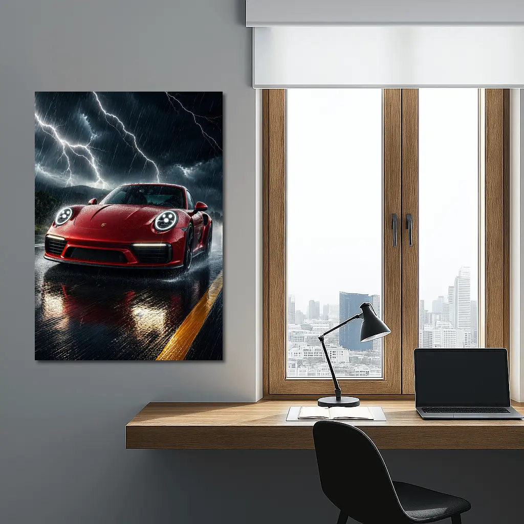 Red Porsche 911 Racing Through Lightning Storm – Wall Art