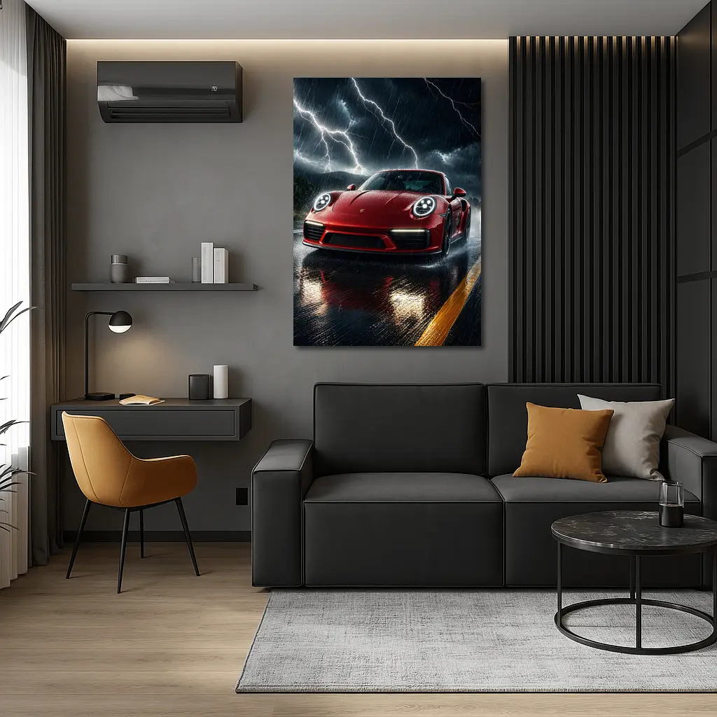 Red Porsche 911 Racing Through Lightning Storm – Wall Art