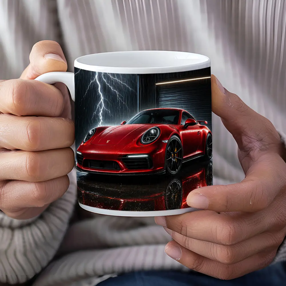 Red Porsche 911 Garage Lightning Storm – Mugs