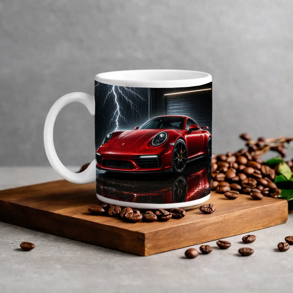 Red Porsche 911 Garage Lightning Storm – Mugs