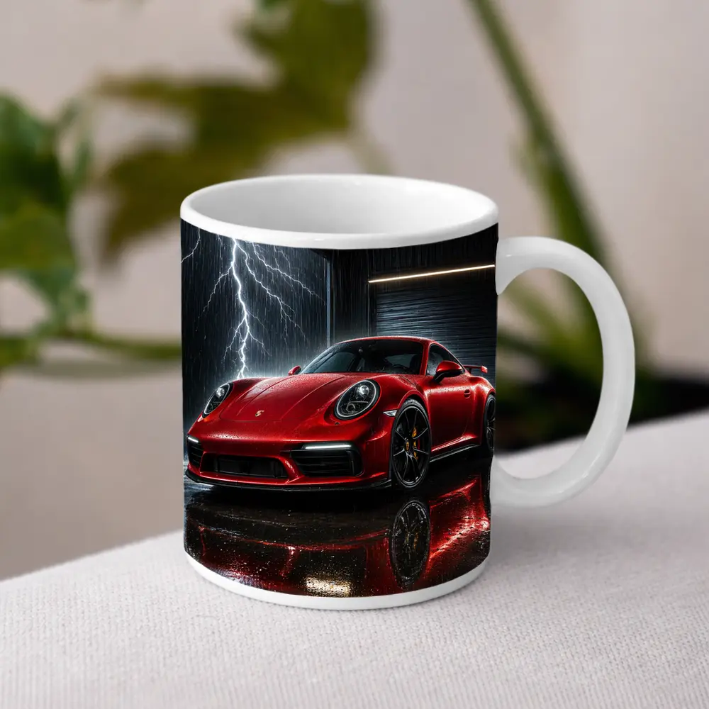 Red Porsche 911 Garage Lightning Storm – Mugs
