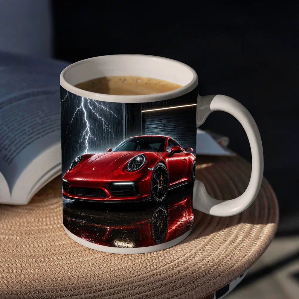 Red Porsche 911 Garage Lightning Storm – Mugs