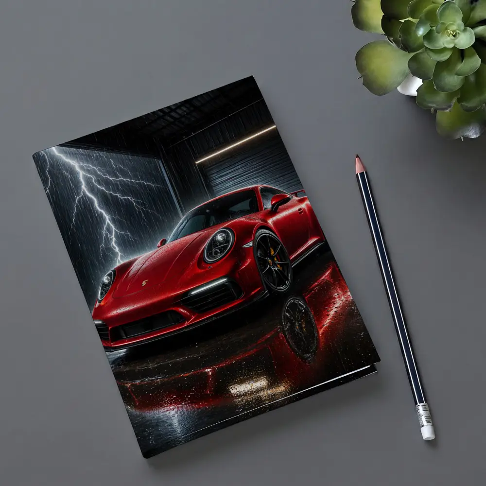 Red Porsche 911 Garage Lightning Storm – Notebooks