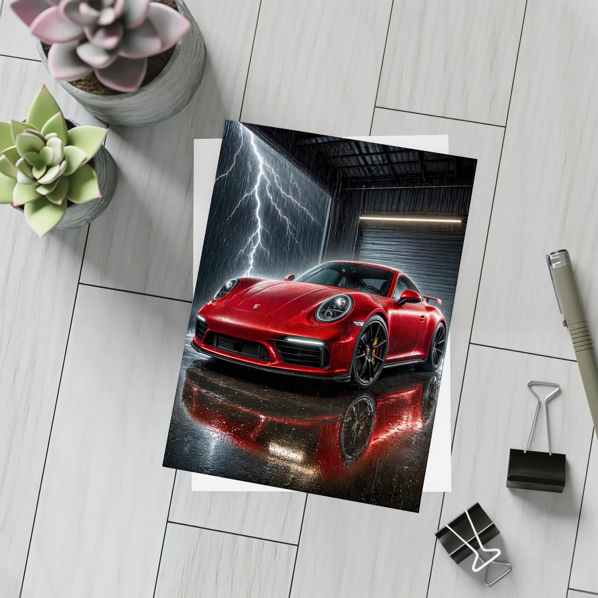 Red Porsche 911 Garage Lightning Storm – Postcards