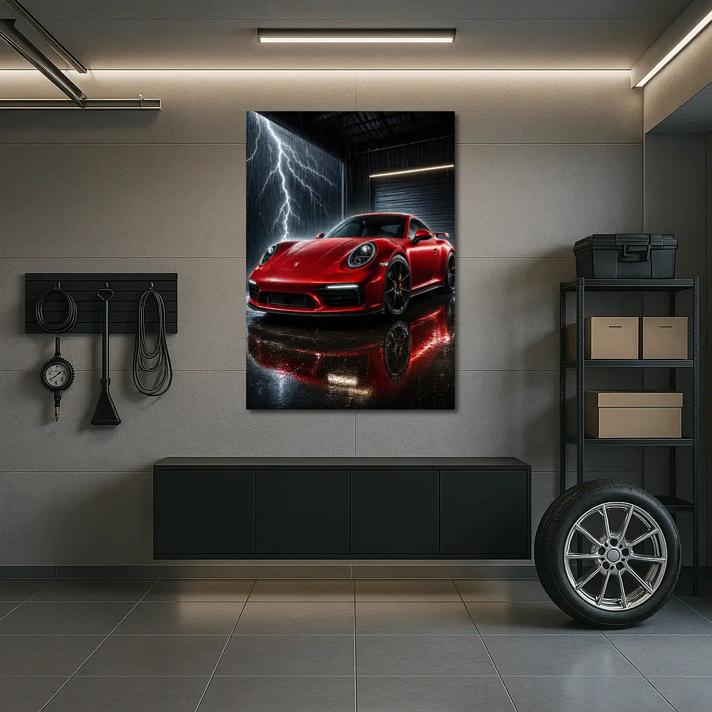 Red Porsche 911 Garage Lightning Storm – Wall Art