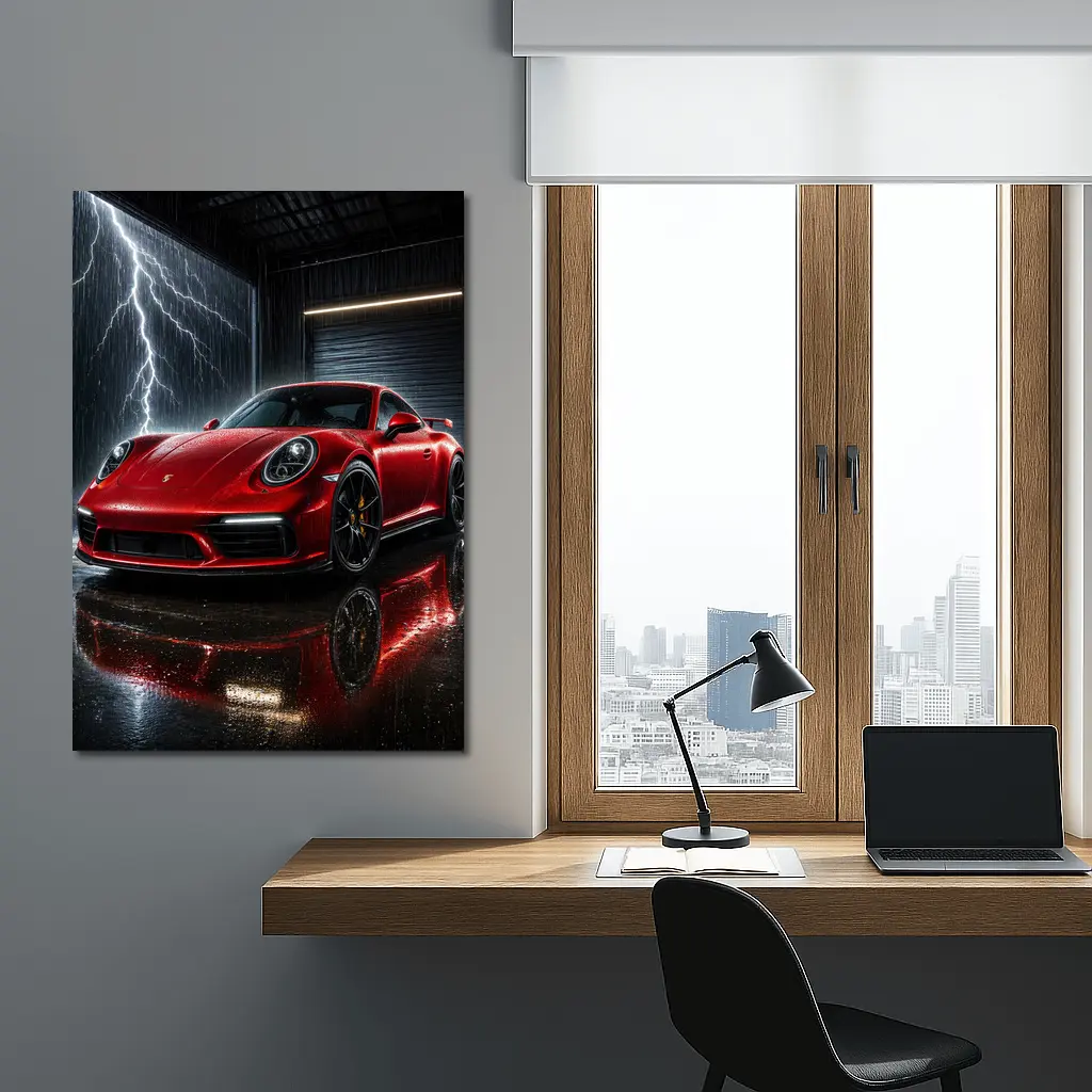 Red Porsche 911 Garage Lightning Storm – Wall Art
