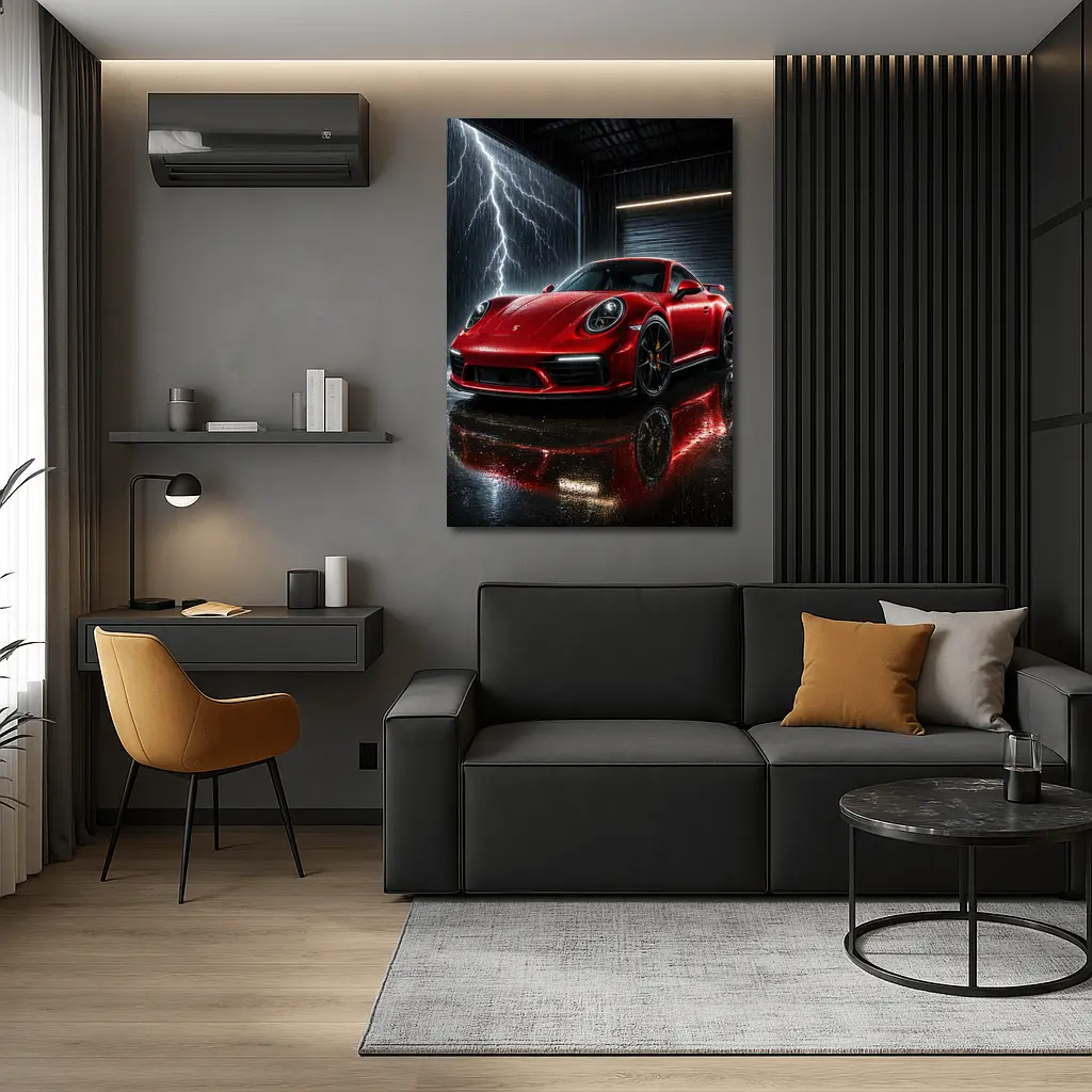 Red Porsche 911 Garage Lightning Storm – Wall Art