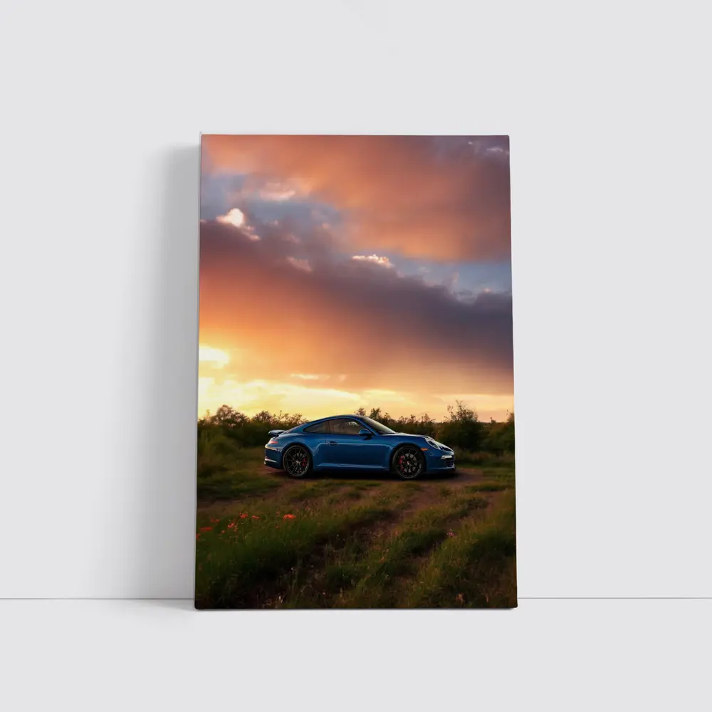 Blue Porsche 911 Parked at Dramatic Sunset – Wall Art