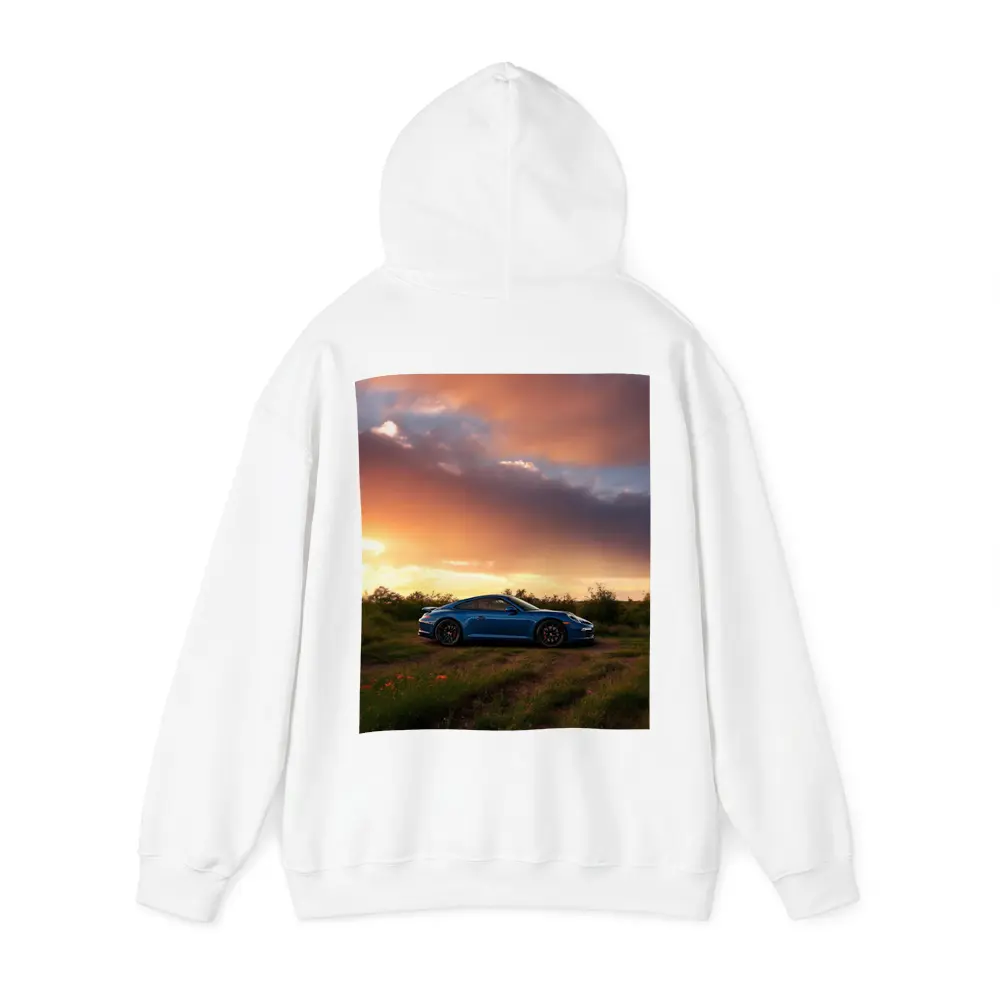 Blue Porsche 911 Parked at Dramatic Sunset – Hoodies