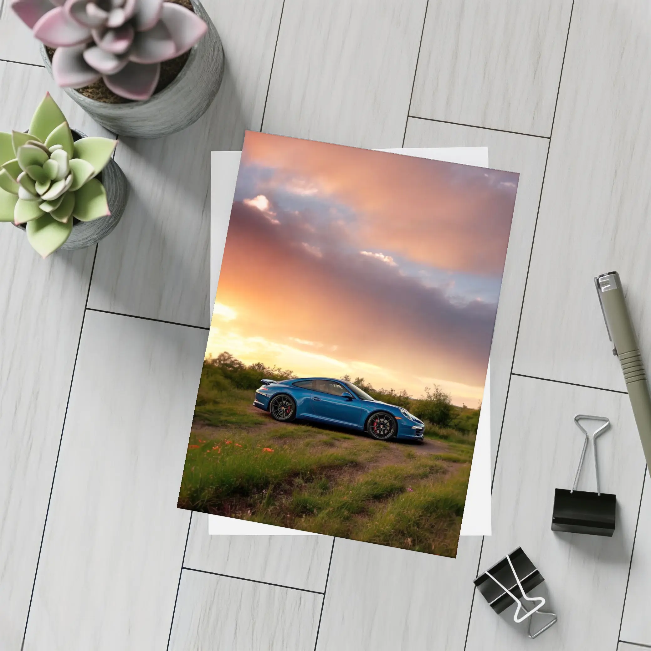 Blue Porsche 911 Parked at Dramatic Sunset – Postcards