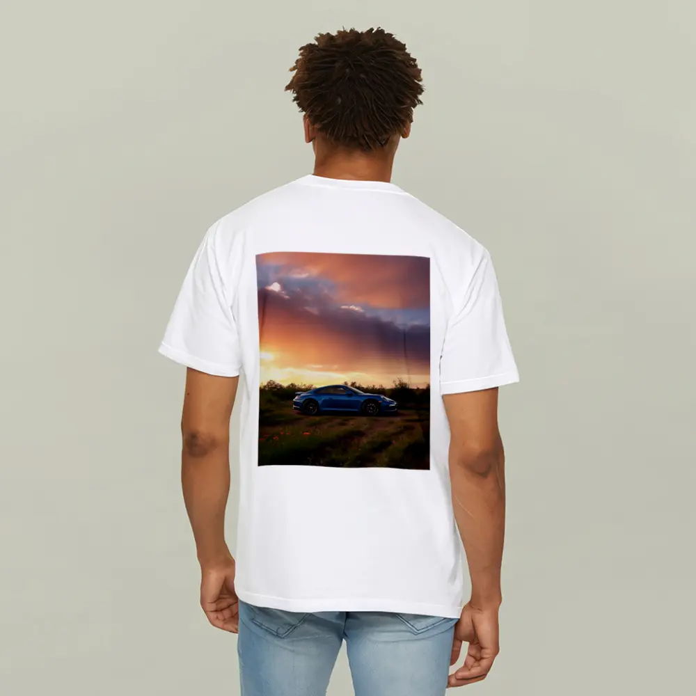 Blue Porsche 911 Parked at Dramatic Sunset – T-Shirts