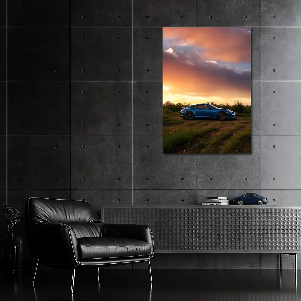 Blue Porsche 911 Parked at Dramatic Sunset – Wall Art