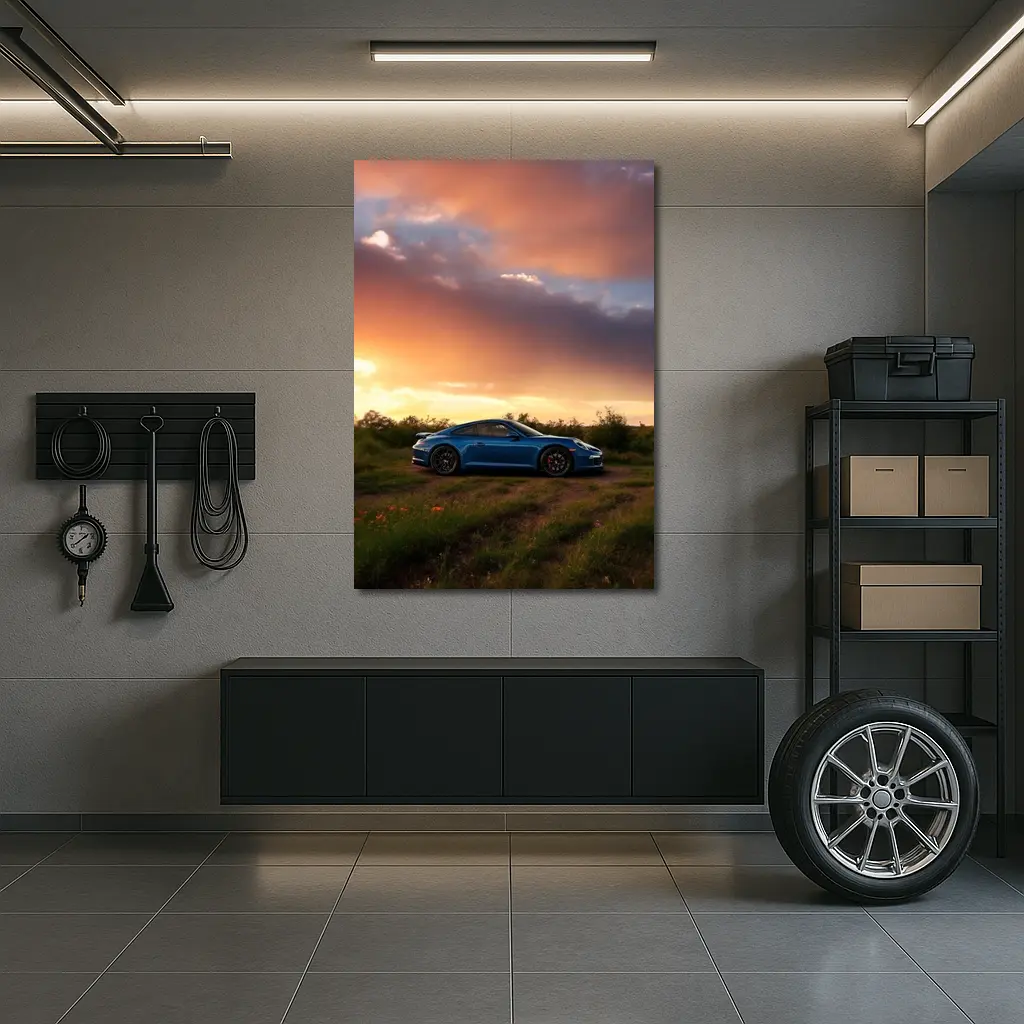 Blue Porsche 911 Parked at Dramatic Sunset – Wall Art