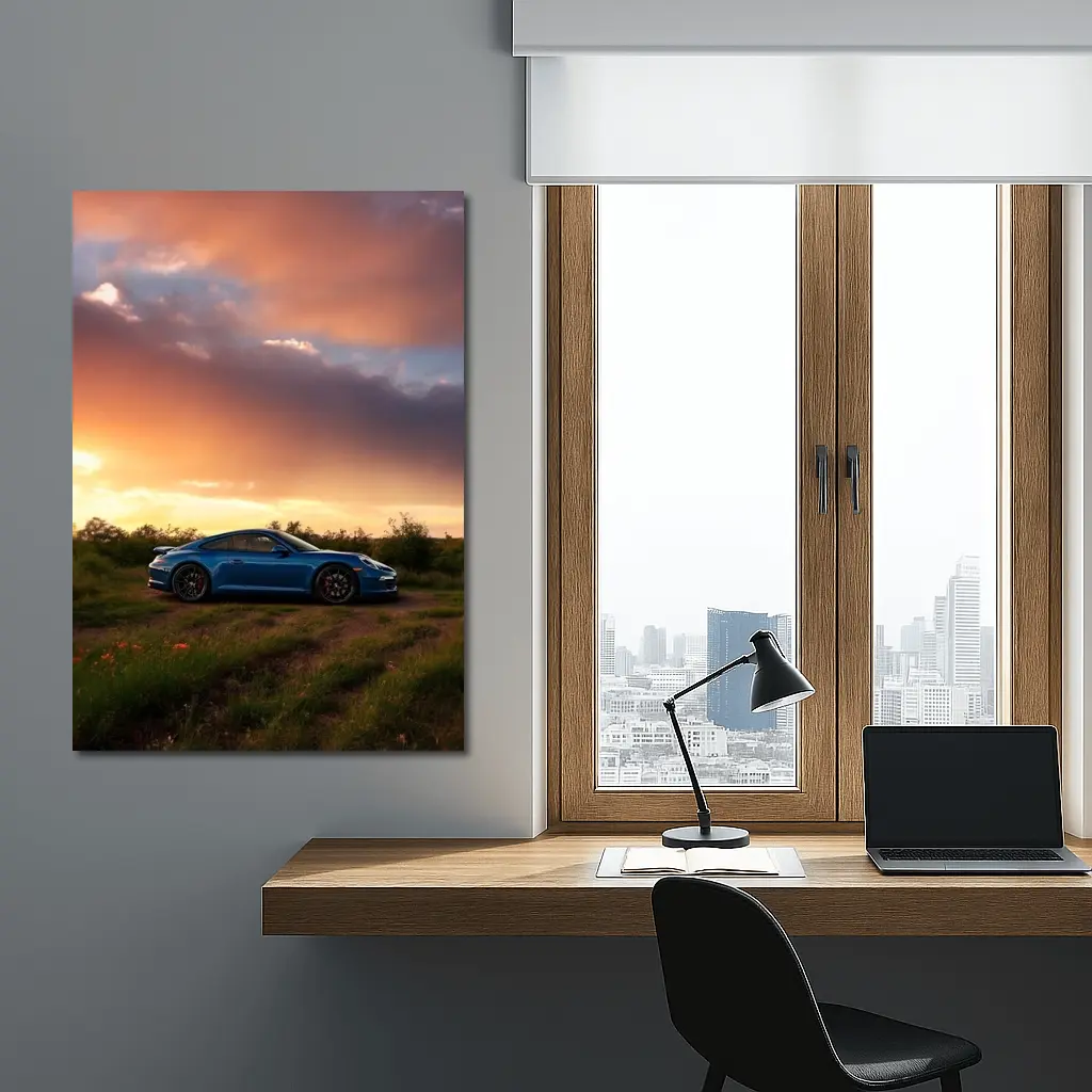 Blue Porsche 911 Parked at Dramatic Sunset – Wall Art