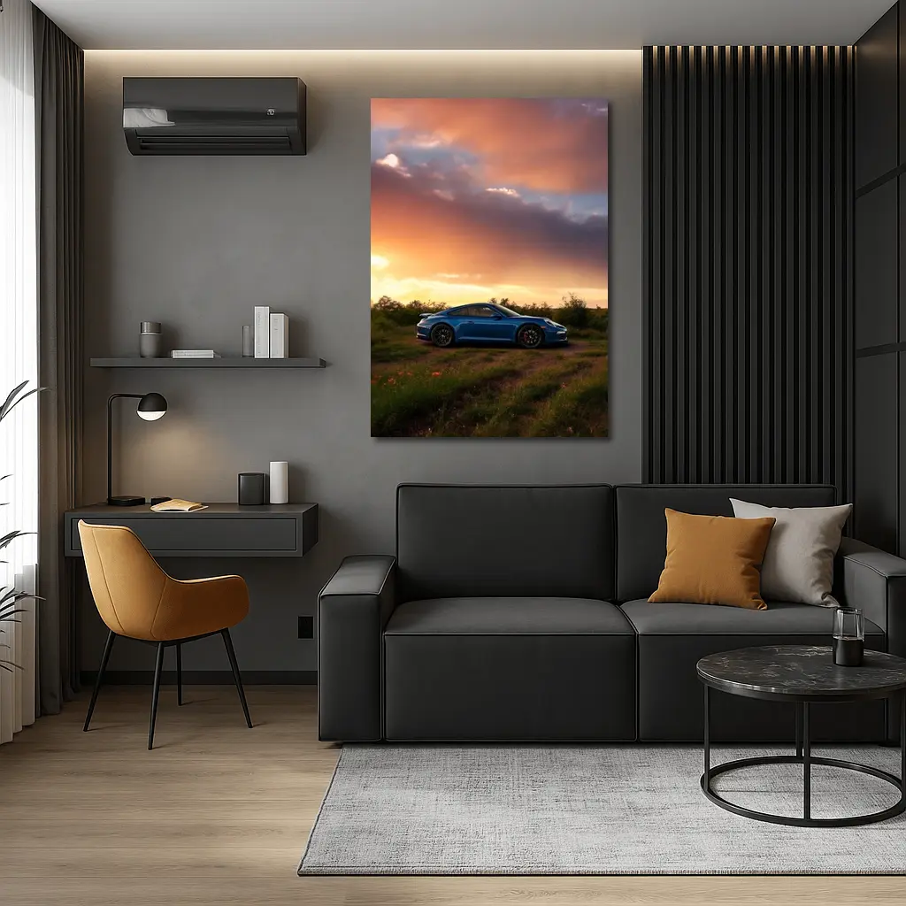 Blue Porsche 911 Parked at Dramatic Sunset – Wall Art