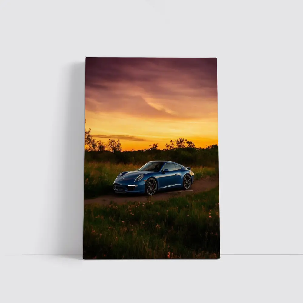 Porsche 911 Blue Coupe Sunset Field – Wall Art