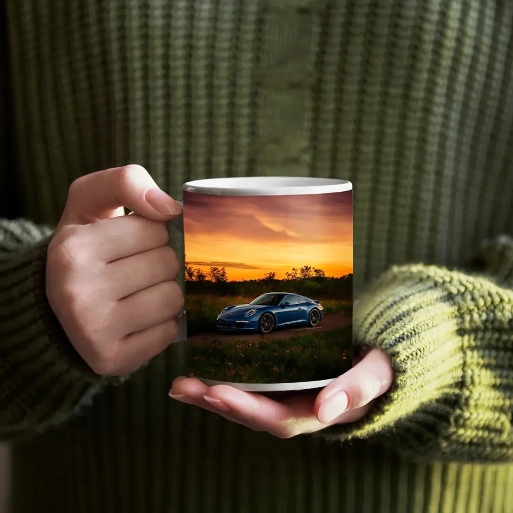 Porsche 911 Blue Coupe Sunset Field – Mugs