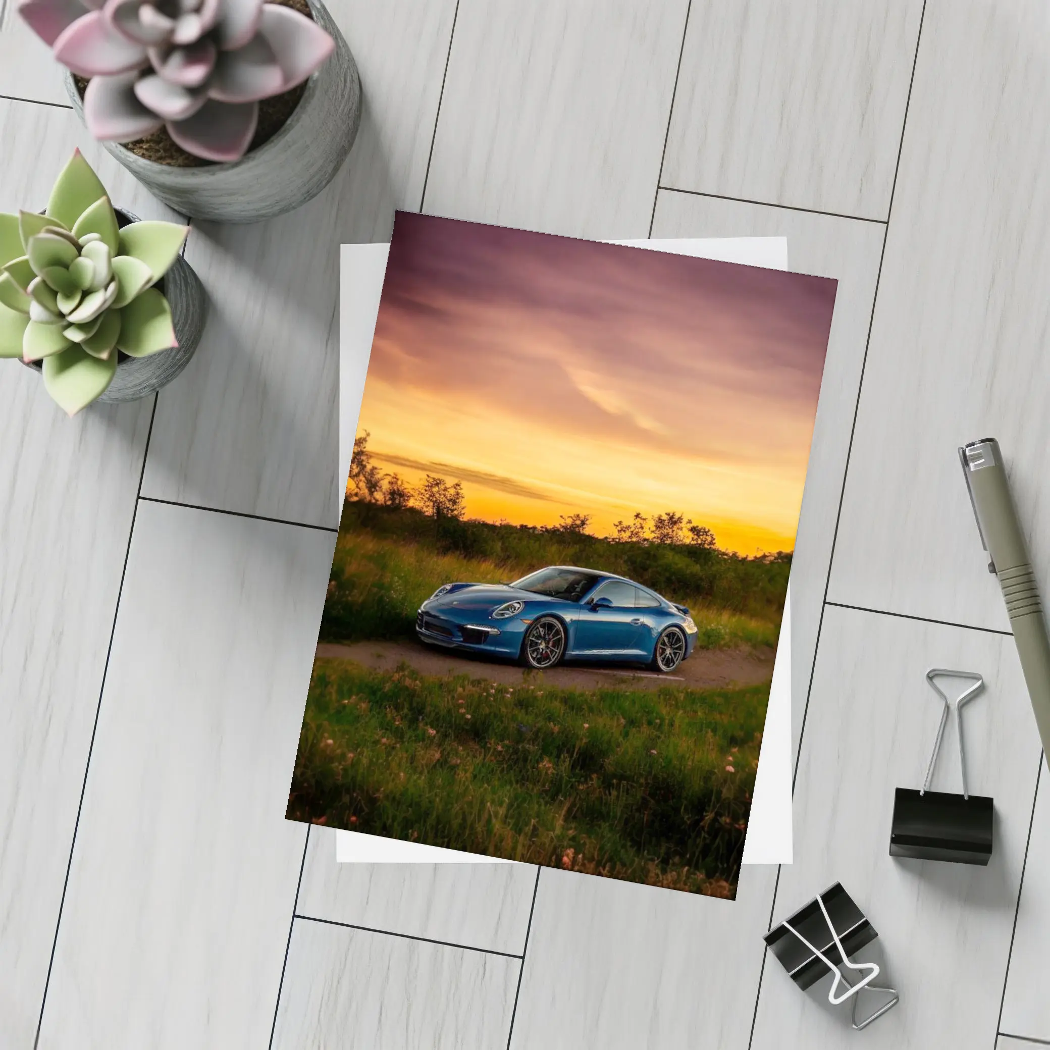 Porsche 911 Blue Coupe Sunset Field – Postcards