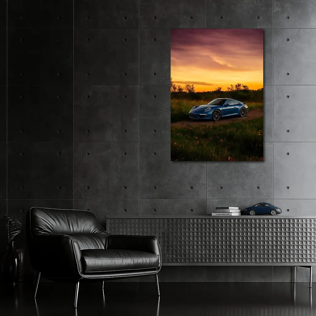 Porsche 911 Blue Coupe Sunset Field – Wall Art
