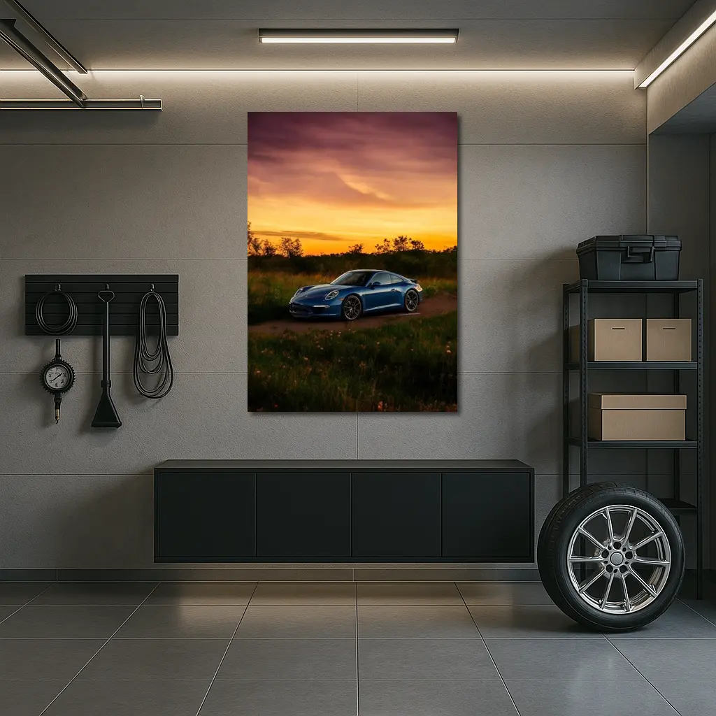 Porsche 911 Blue Coupe Sunset Field – Wall Art