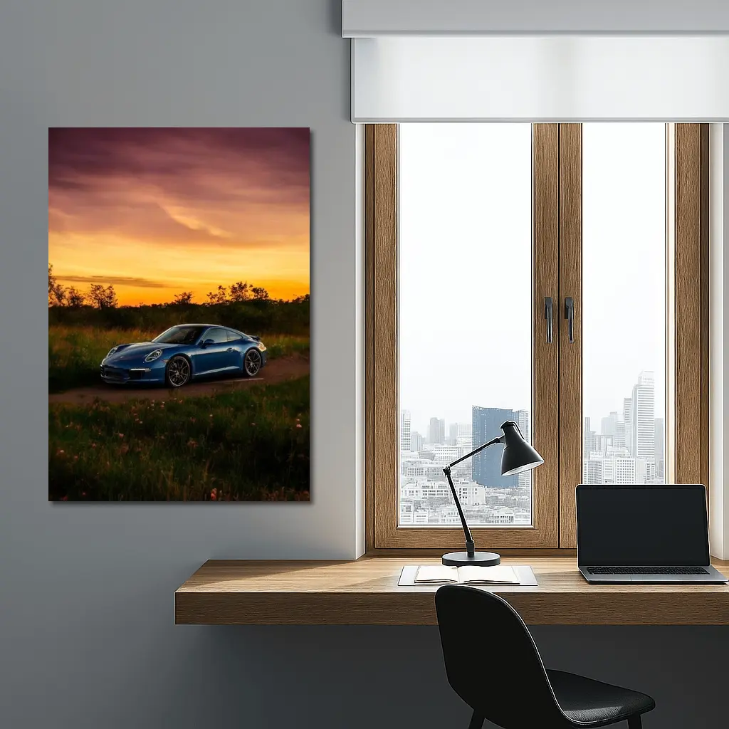 Porsche 911 Blue Coupe Sunset Field – Wall Art