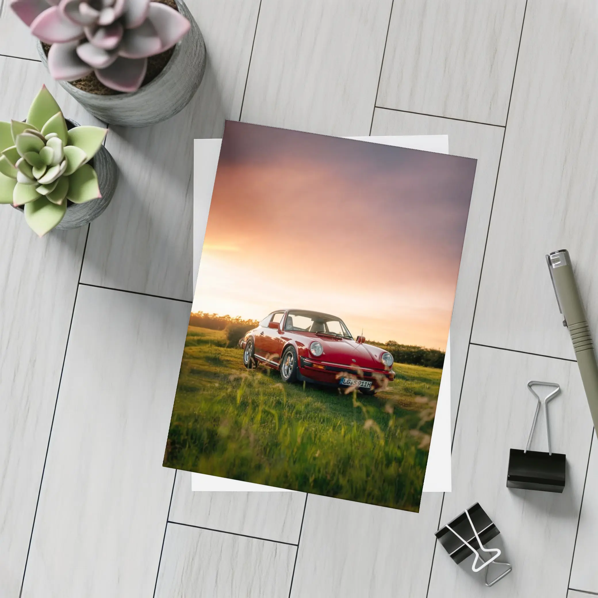 Classic Porsche 911 Red Sunset Field – Postcards