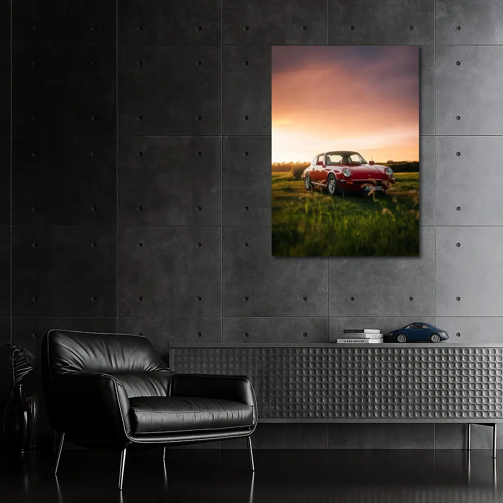 Classic Porsche 911 Red Sunset Field – Wall Art