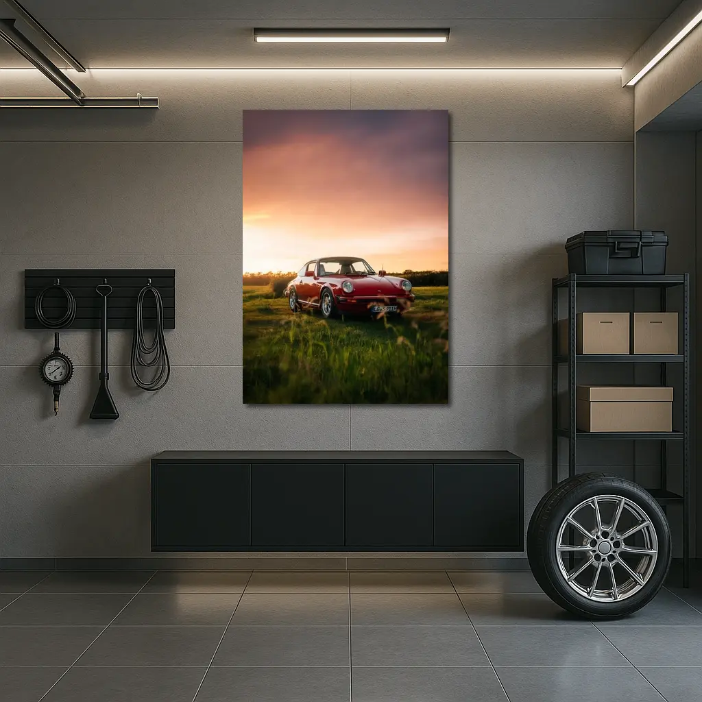 Classic Porsche 911 Red Sunset Field – Wall Art
