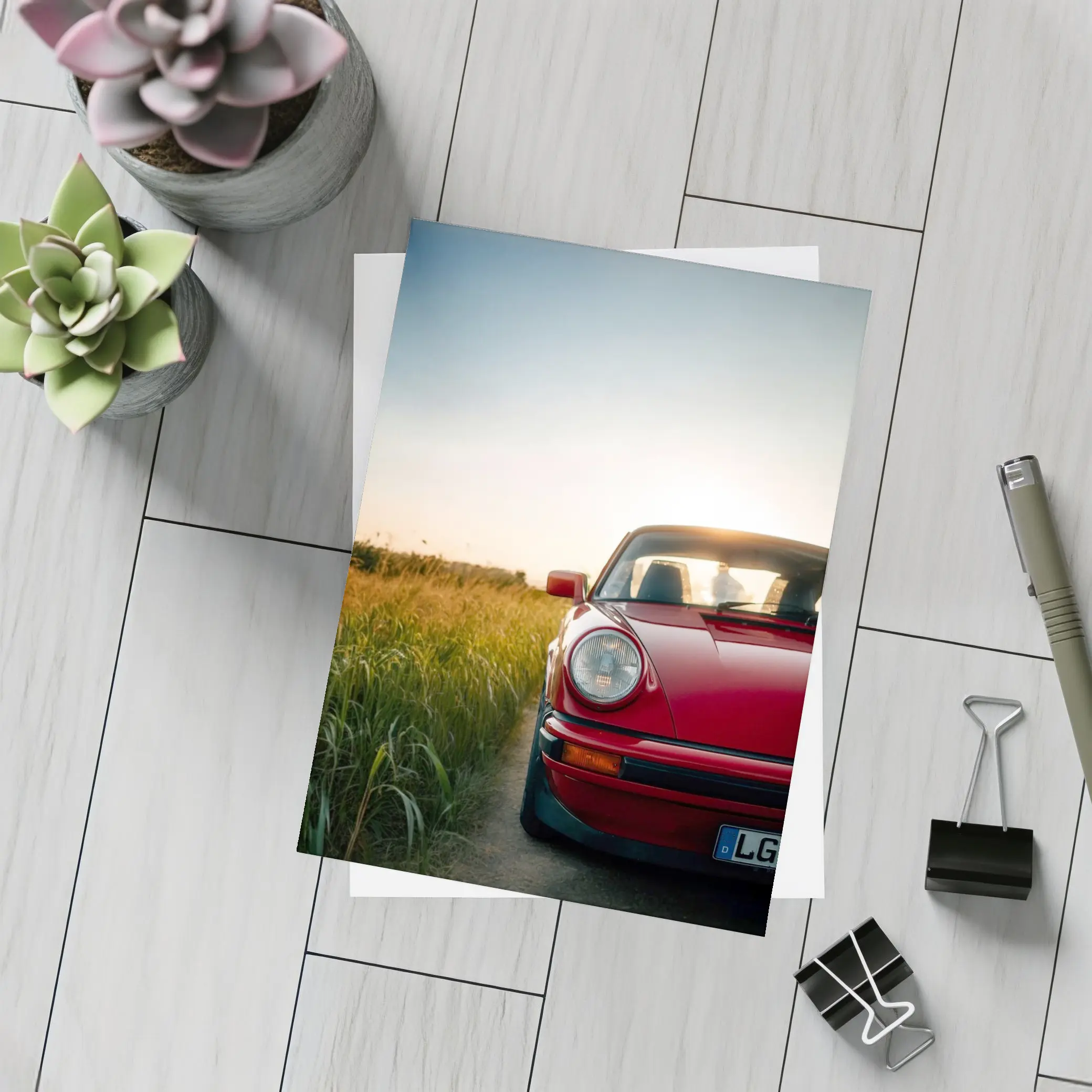 Red Porsche 911 Classic Field Sunset – Postcards