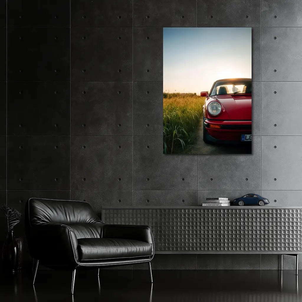 Red Porsche 911 Classic Field Sunset – Wall Art
