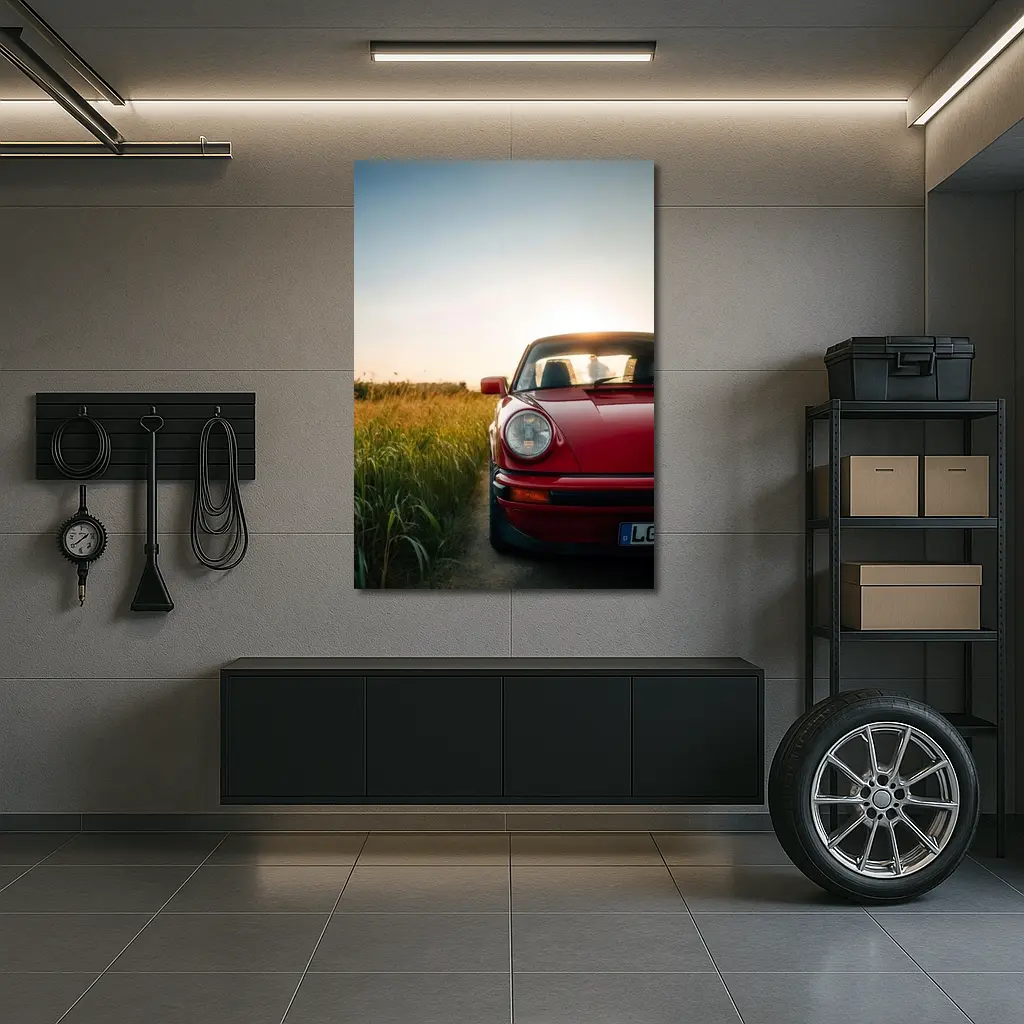Red Porsche 911 Classic Field Sunset – Wall Art