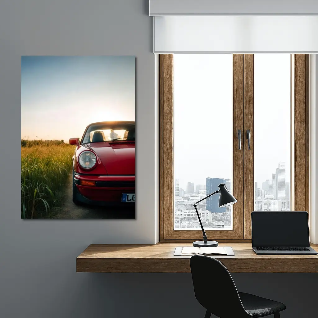 Red Porsche 911 Classic Field Sunset – Wall Art