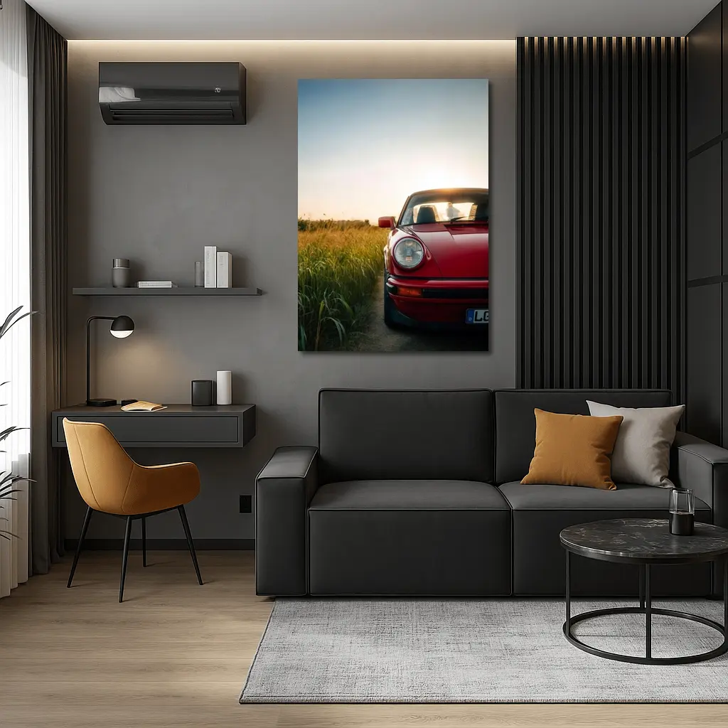 Red Porsche 911 Classic Field Sunset – Wall Art