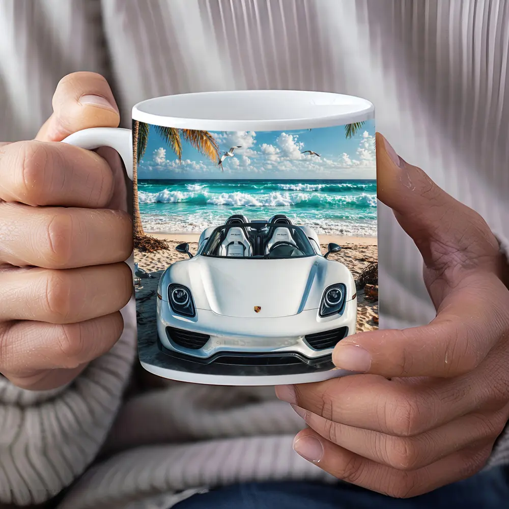 Porsche 918 Spyder White Beach Scene – Mugs