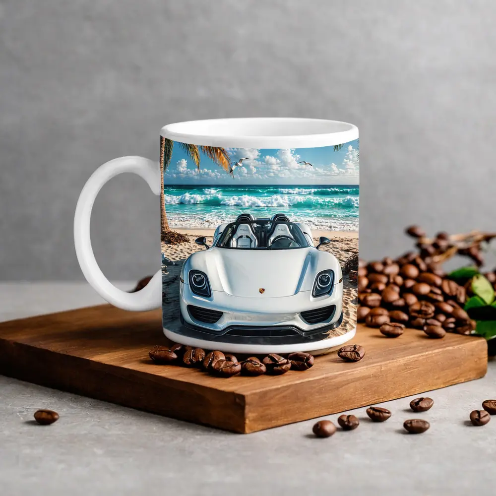 Porsche 918 Spyder White Beach Scene – Mugs