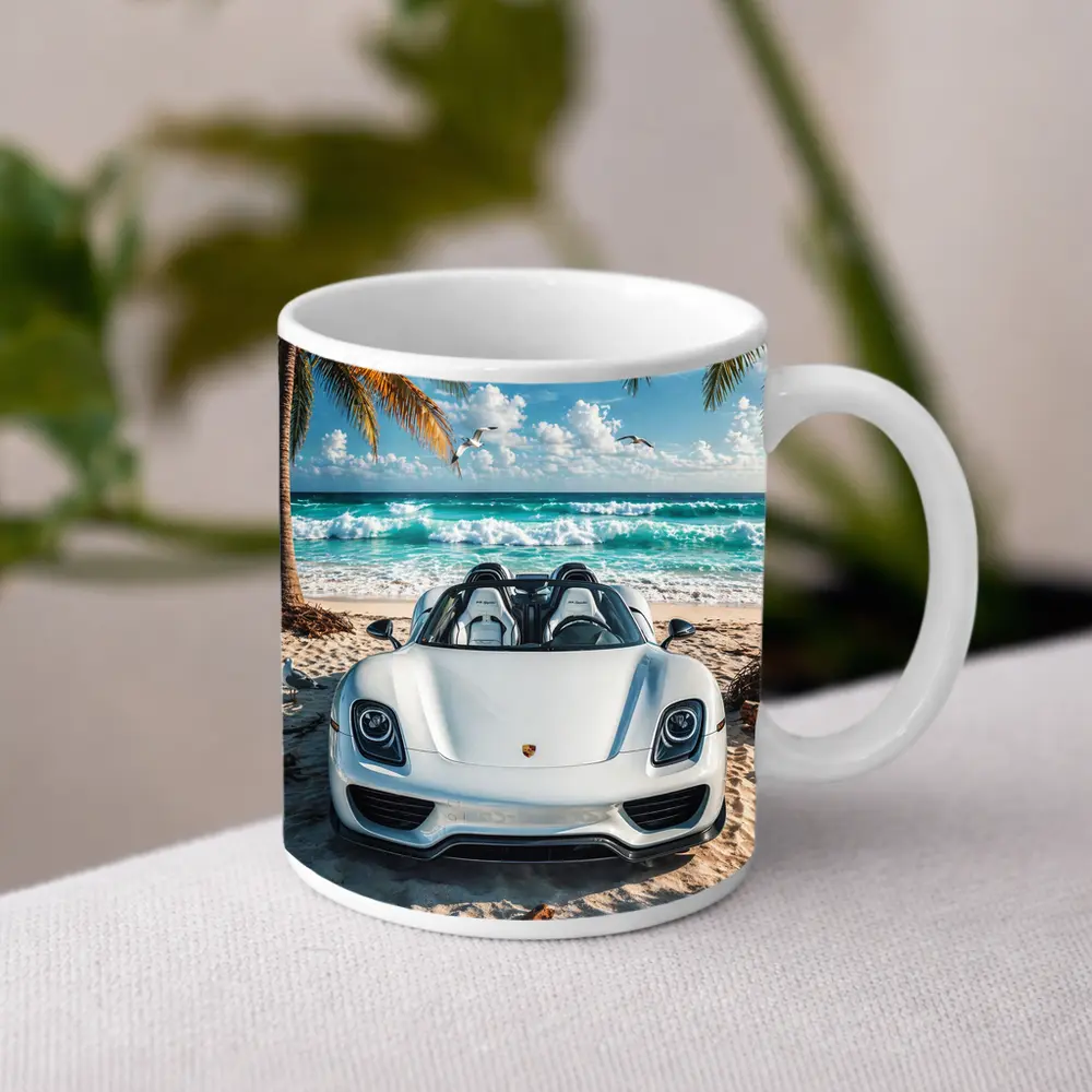 Porsche 918 Spyder White Beach Scene – Mugs