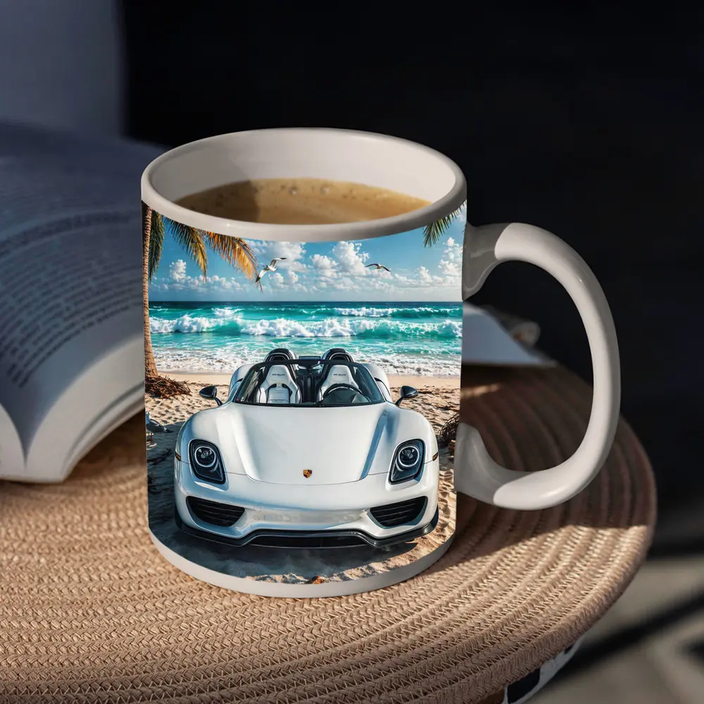 Porsche 918 Spyder White Beach Scene – Mugs