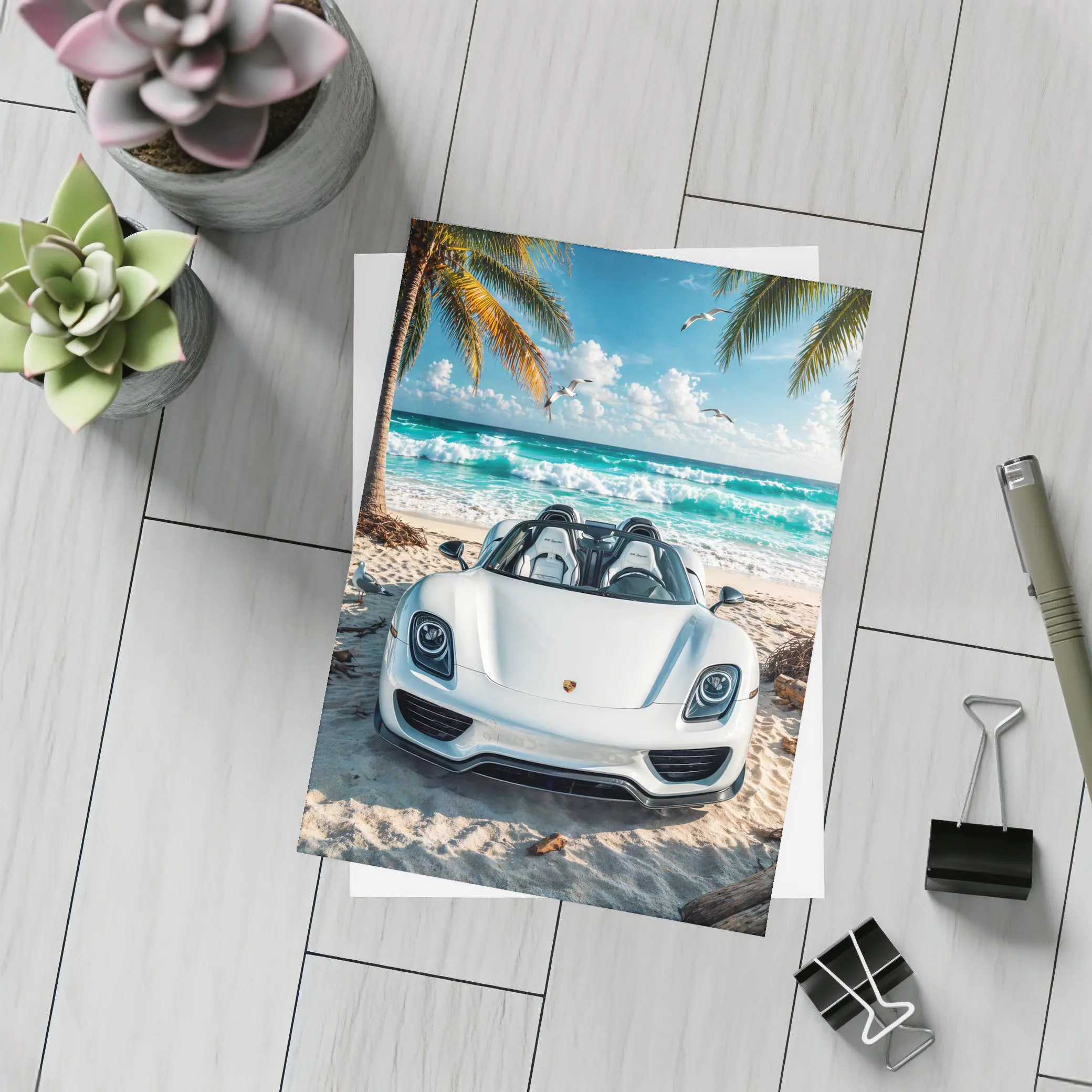 Porsche 918 Spyder White Beach Scene – Postcards