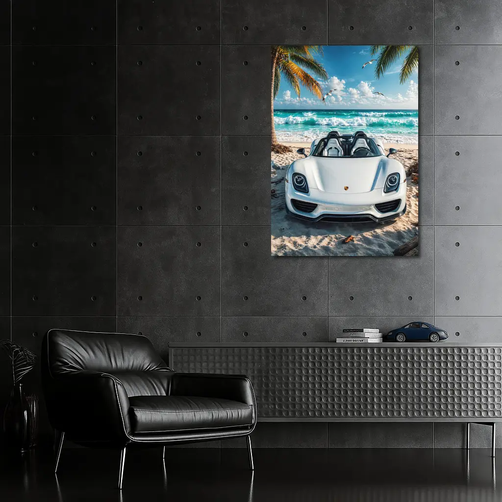 Porsche 918 Spyder White Beach Scene – Wall Art